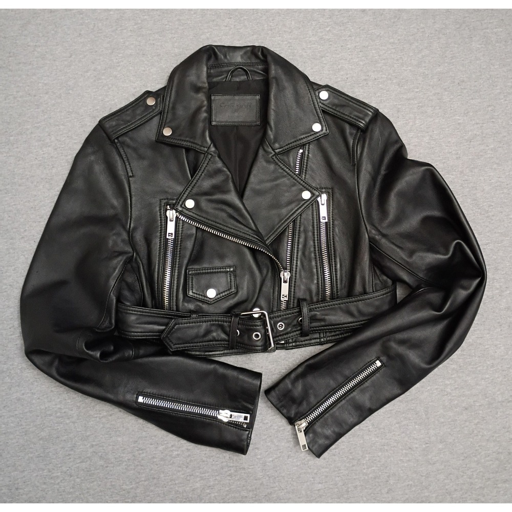 Carmar Black Leather Cropped Moto Jacket Size 38 Biker Belted Asymmetrical Zip